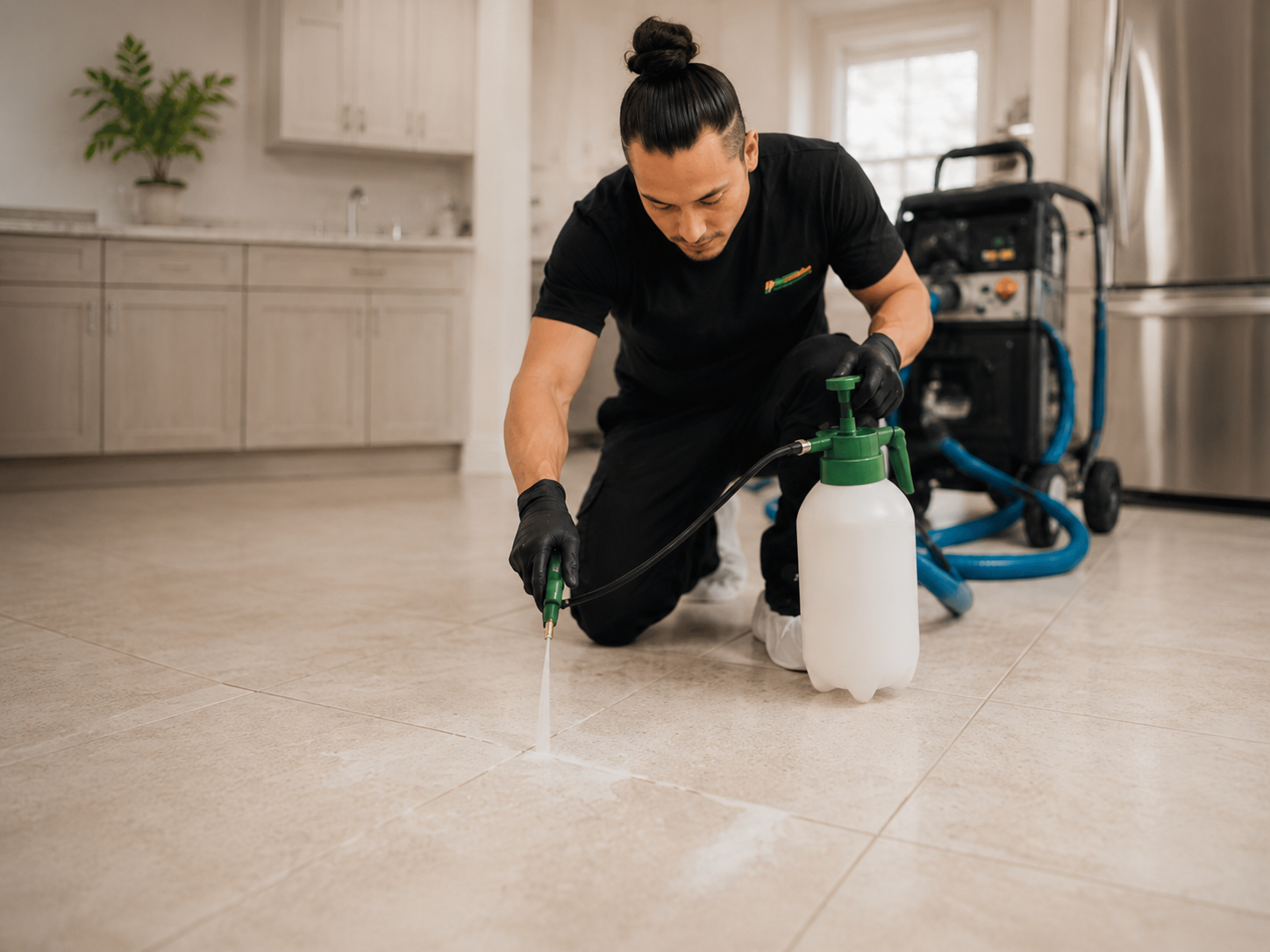 tile-grout-cleaning-2 Pre-treatment: A specialized solution dwells to break down embedded grease and soil.