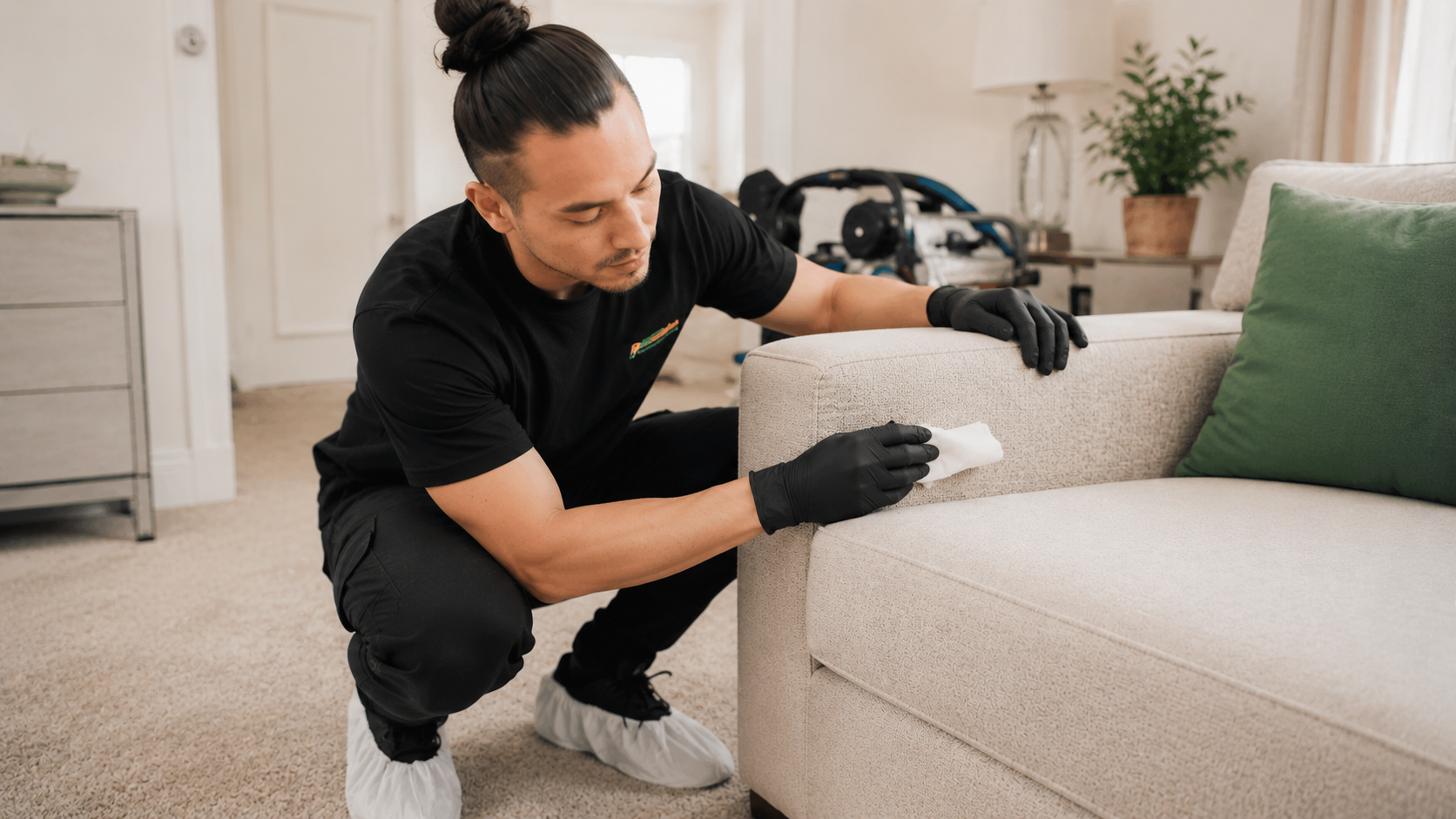 Fabric assessment: We identify the fabric type and test for colorfastness before any cleaning.